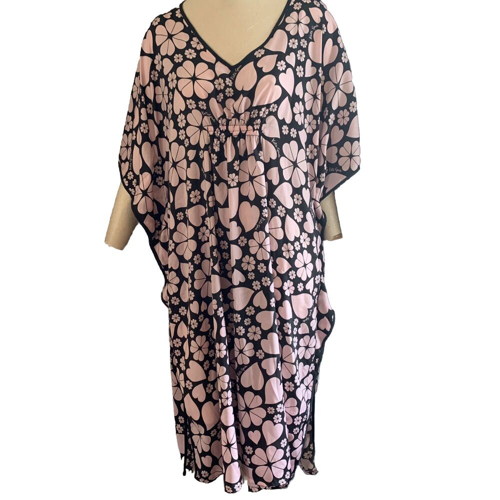 Kate Spade New York Clover Heart Woven Caftan Nightgown Black Pink Size XS Small